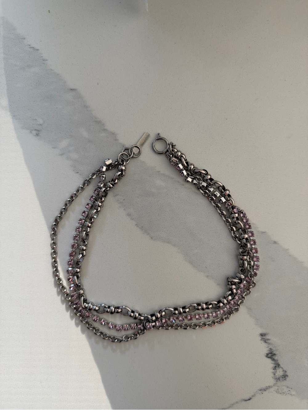 Silver-Tone Multi-Strand Necklace with Pink Crystal Accents